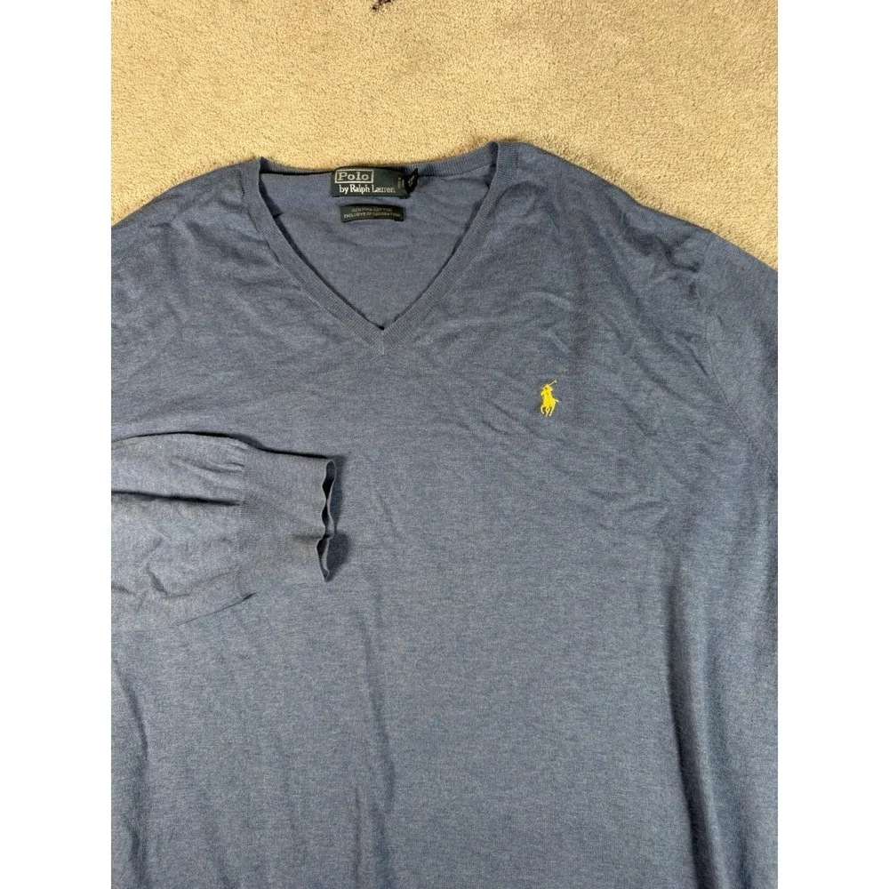 Polo‎ Ralph Lauren Vintage Men's Blue Pima Cotton V Neck Sweater 4XB Pony Preppy